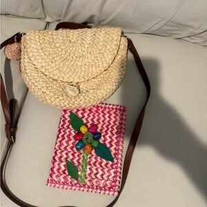 Fossil Cream and Brown Crossbody Bag with Woven Design and notebooks included